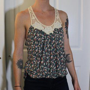 Crochet and Floral Print Top